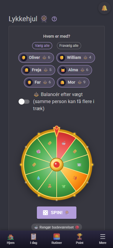 Lykkehjul på mobil (mørkt tema)